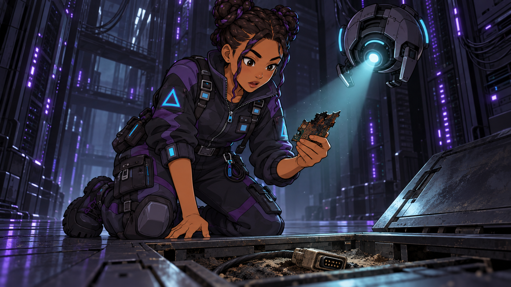 Clariz discovering a fragment of obsolete game hardware