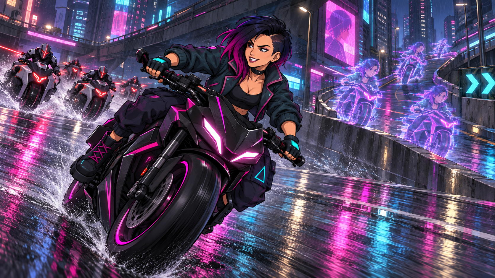 Maya escaping on a futuristic motorcycle